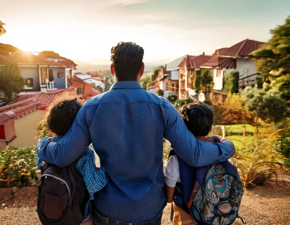 Firefly Prompt- Crea la imagen de un padre junto a sus dos hijos de espaldas y de fondo un barrio hu